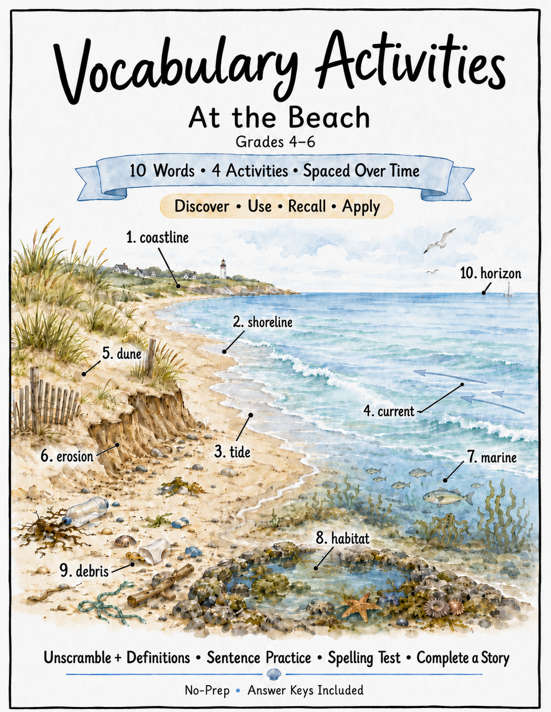 At the Beach vocabulary activities for Grades 4–6