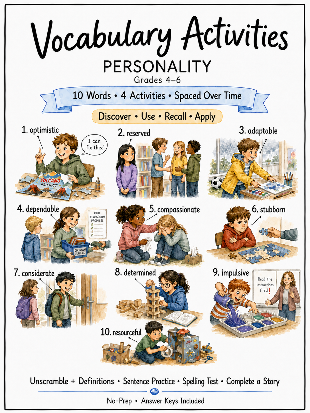 Personality vocabulary activities for Grades 4–6