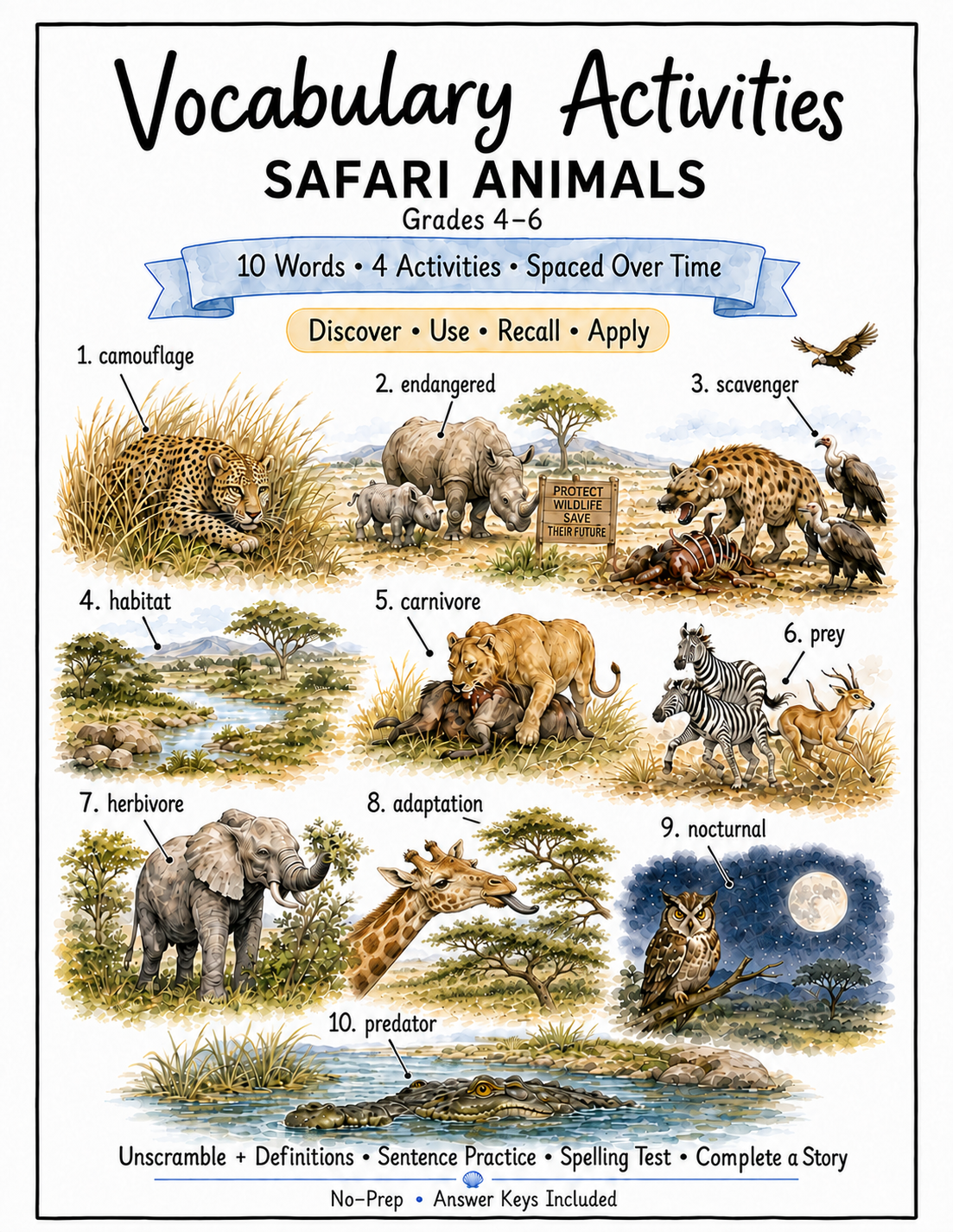 Safari Animals vocabulary activities for Grades 4–6