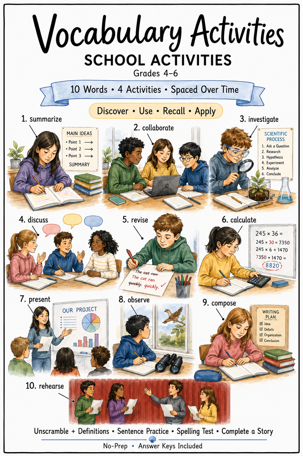 School Activities vocabulary activities for Grades 4–6