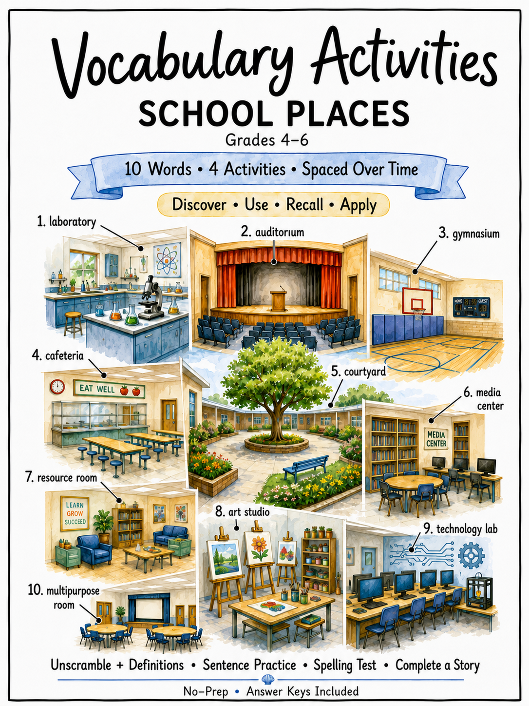 School Places vocabulary activities for Grades 4–6