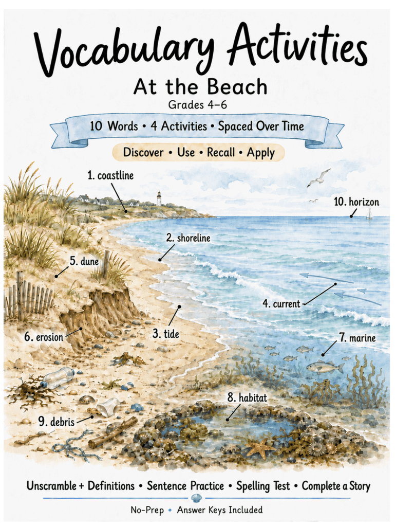 At the Beach vocabulary activities for Grades 4–6