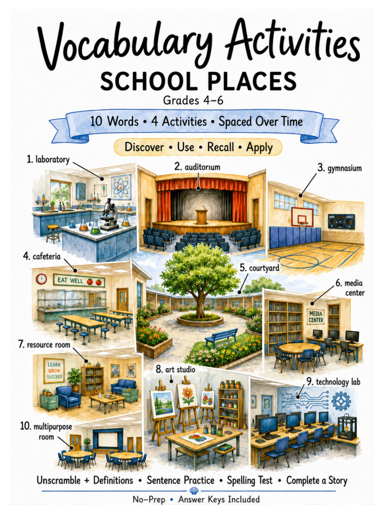 School Places vocabulary activities for Grades 4–6